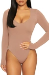 Naked Wardrobe Come Around Long-sleeve Bodysuit In Coco