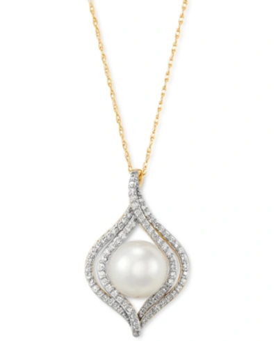 Honora Cultured Freshwater Pearl (8mm) & Diamond (1/4 Ct. T.w.) 18" Pendant Necklace In 14k Yellow, White O In Gold
