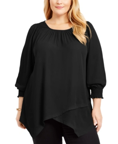 Ny Collection Plus Size Smocked-cuff Blouse In Black