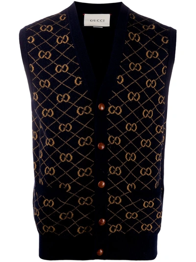 Gucci Gg Wool Waistcoat In Blue And Camel
