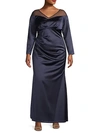 ADRIANNA PAPELL PLUS ILLUSION LONG SLEEVE SATIN GOWN,0400011094532