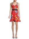 ALICE AND OLIVIA KIRBY LACE-TRIMMED FLORAL FIT-AND-FLARE DRESS,0400011693468