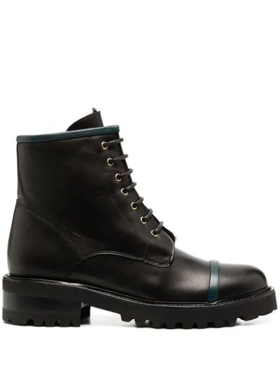 Malone Souliers Leather Lace-up Boots With Stripe Detail In Black,green