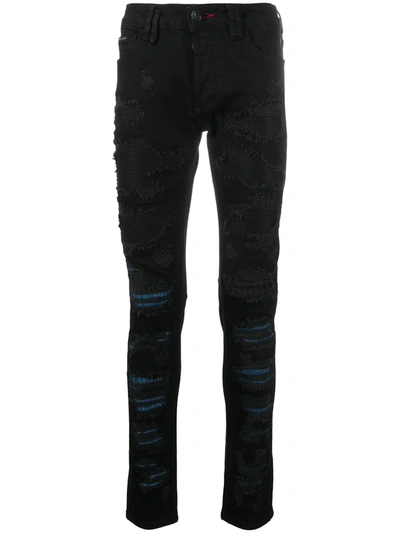 Philipp Plein Distressed Slim-fit Jeans In Black