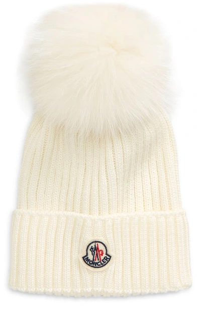 Moncler Kids' Pom-pom Wool Rib-knit Beanie In White