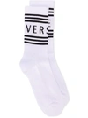 Versace Short Socks W/ Striped Logo Cuff In White
