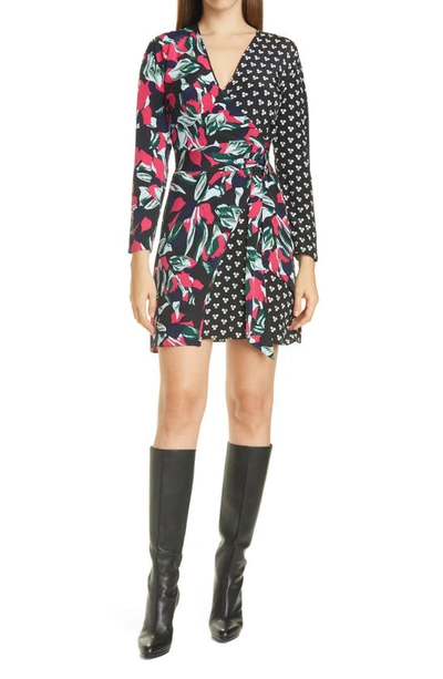 Diane Von Furstenberg Raven Printed Silk Crepe De Chine Mini Wrap Dress In Punk Leaves New Navy/ Triplets