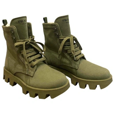 Pre-owned Prada Monolith Khaki Cloth Boots