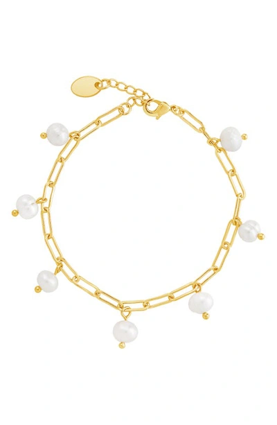 Sterling Forever Women's Dangling Pearl Linked Gold Plated Bracelet In Silver