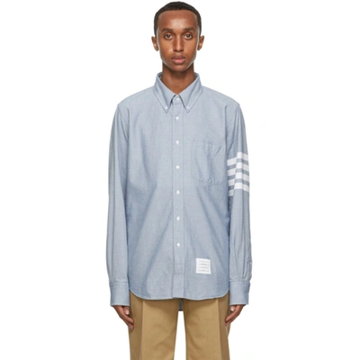 Thom Browne Light Blue Solid Flannel Shirting 4-bar Nametag Straight Fit Shirt