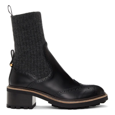 Chloé Black Franne 35 Leather Knit Sock Boots In Black
