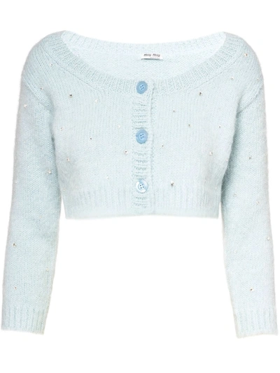 Miu Miu Diamante Embroidered Mohair-knit Cropped Cardigan In Blue