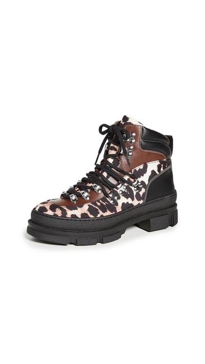 Ganni Panelled Leopard Ankle Boots In Multicolour