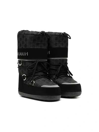 Balmain Teen Monogram-print Snow Boots In Black