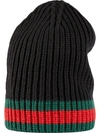 Gucci Ribbed Black Beanie With Striking Greenaccent In Black