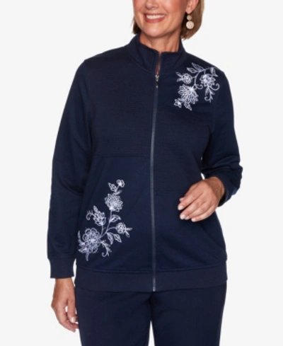 Alfred Dunner Women's Plus Size Vacation Mode Scroll Floral Quilt Embroidered Jacket In Navy