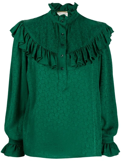 Saint Laurent Paisley Print Frilled Blouse In Green