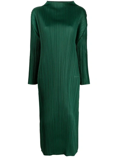 Issey Miyake Pleated Long-sleeved Midi Dress In Green