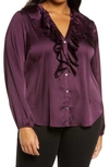 1.state Ruffle Neck Button-front Blouse In Deep Plum
