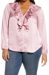 1.state Women's Plus Size Ruffle Neck Button Front Top In Rose Pink