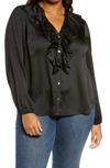 1.state Ruffle Neck Button-front Blouse In Rich Black