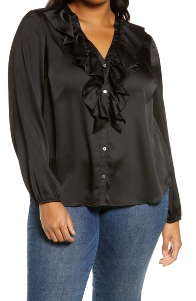 1.state Ruffle Neck Button-front Blouse In Rich Black
