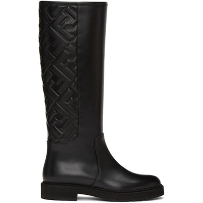Fendi Ff Embossed Leather Knee-high Boots In Black