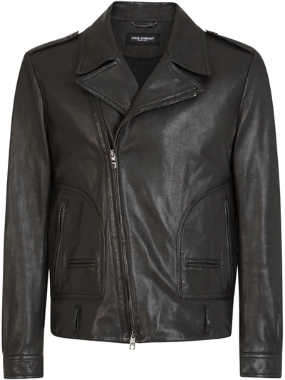 Dolce & Gabbana Multi-pocket Leather Biker Jacket In Black
