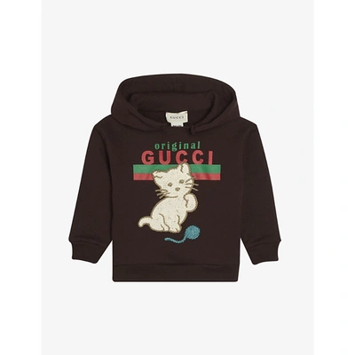 Gucci Babies' Original  Log-print And Cat-embroidered Cotton Hoody 6-36 Months In Brown