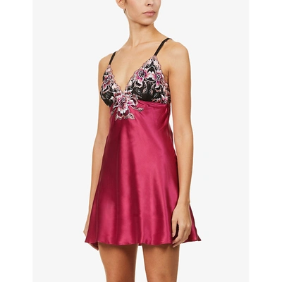 Nk Imode Caprice V-neck Floral Lace-trimmed Silk Night Dress In Ruby