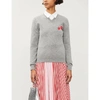 Comme Des Garçons Play Womens Grey Branded Appliqué V-neck Wool Jumper M