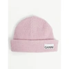 Ganni Logo-patch Ribbed Wool-blend Beanie In Sweet+lilac