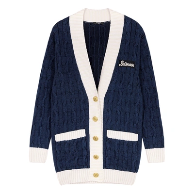 Balmain Oversized Wool Blend Cable Knit Cardigan In Navy