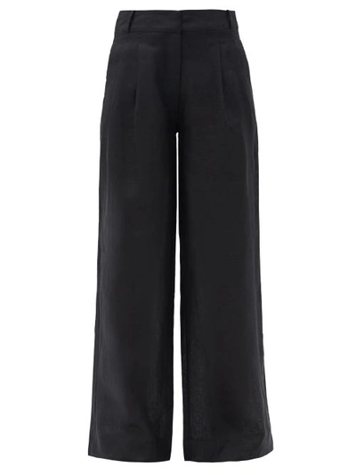 Asceno Aurelia Black Organic Heavy Weave Linen Wide Leg Trouser In Printed