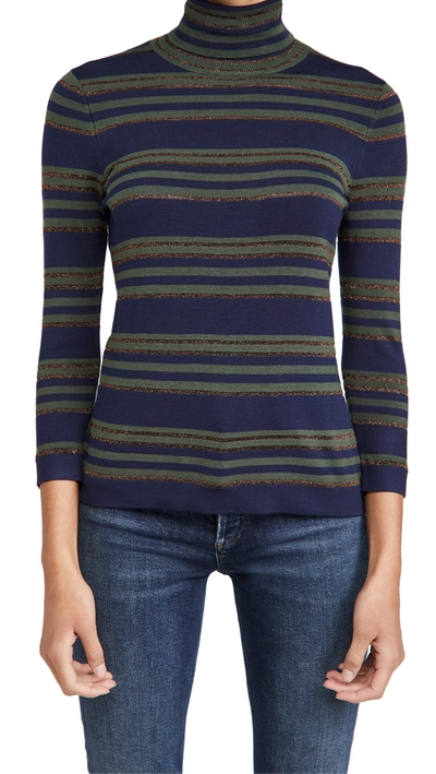 L Agence Harlee Merino Wool-blend Turtleneck Sweater In Navy Olive Bronze Stripe