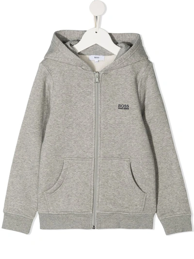 Hugo Boss Kids' Zipped Logo-embroidered Hoodie In Grey