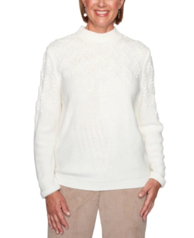 Alfred Dunner Petite Dover Cliffs Pointelle-stitch Yoke Solid Sweater In Ivory