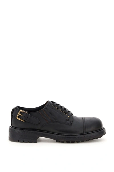Dolce & Gabbana Brown Leather Lace Up Derby Dress Shoes In Black