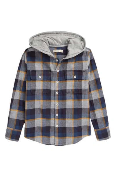 Tucker + Tate Kids' Hooded Button-up Shirt In Grey Heather- Navy Plaid