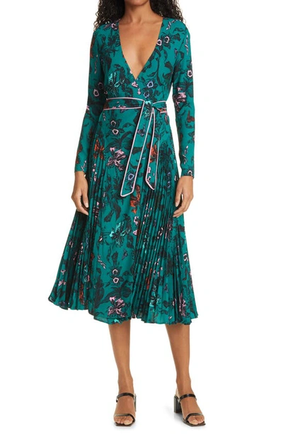 Diane Von Furstenberg Amiya Pleated Crepe Midi Wrap Dress In Toile Multi  Emerald | ModeSens