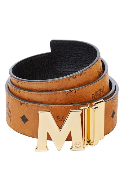 Mcm Unisex M Logo Reversible Belt In Cognac