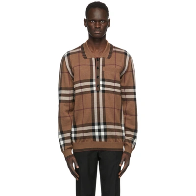 Burberry Check-intarsia Merino-wool Long-sleeve Polo Shirt In Brown