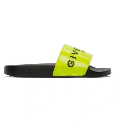 Givenchy Yellow & Black Logo Flat Slides In Fluo Yellow