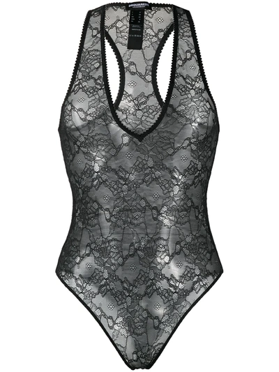 Dsquared2 Embroidered Lace Bodysuit In Black Refractive