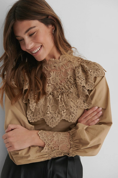 The Fashion Fraction X Na-kd Balloon Sleeve Lace Detail Blouse - Beige