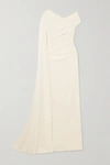TALBOT RUNHOF CAPE-EFFECT OFF-THE-SHOULDER RUCHED STRETCH-CADY GOWN
