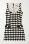 ROWEN ROSE FAUX LEATHER-TRIMMED CHECKED TWEED MINI DRESS