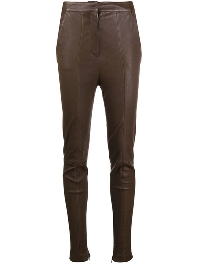Balmain High-waisted Leather Skinny Trousers In Brown