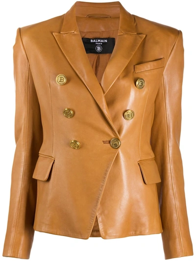 Balmain Double Breasted Lambskin Leather Jacket In 1pb Camel Fonce