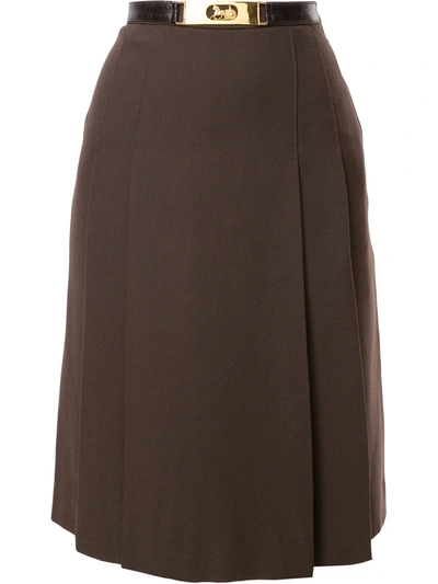 Pre-owned Celine  Box-pleated Belted Skirt In Brown
